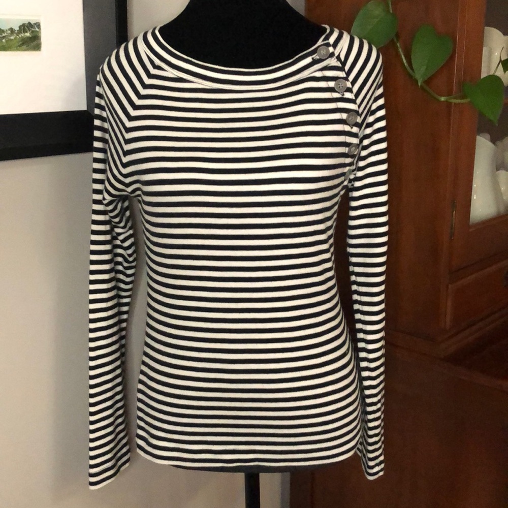 Banana Republic Blk/White Striped Wide Neck Pullover w/Button Detailing